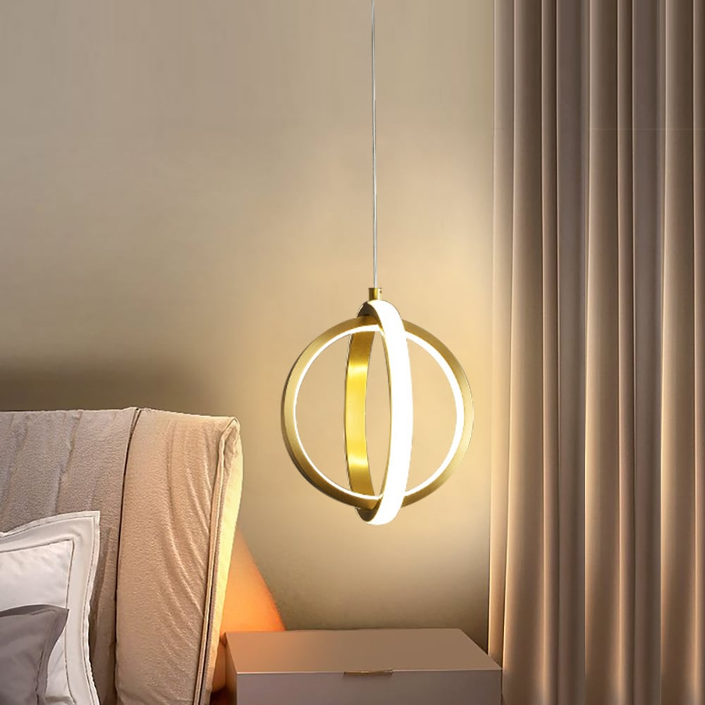 Gold Geometric Pendant Light 2-Ring LED Hanging Light in Brass