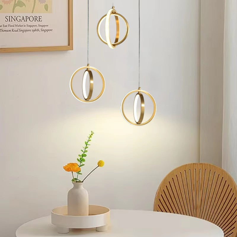 Gold Geometric Pendant Light 2-Ring LED Hanging Light in Brass