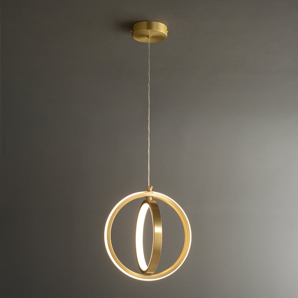 Gold Geometric Pendant Light 2-Ring LED Hanging Light in Brass